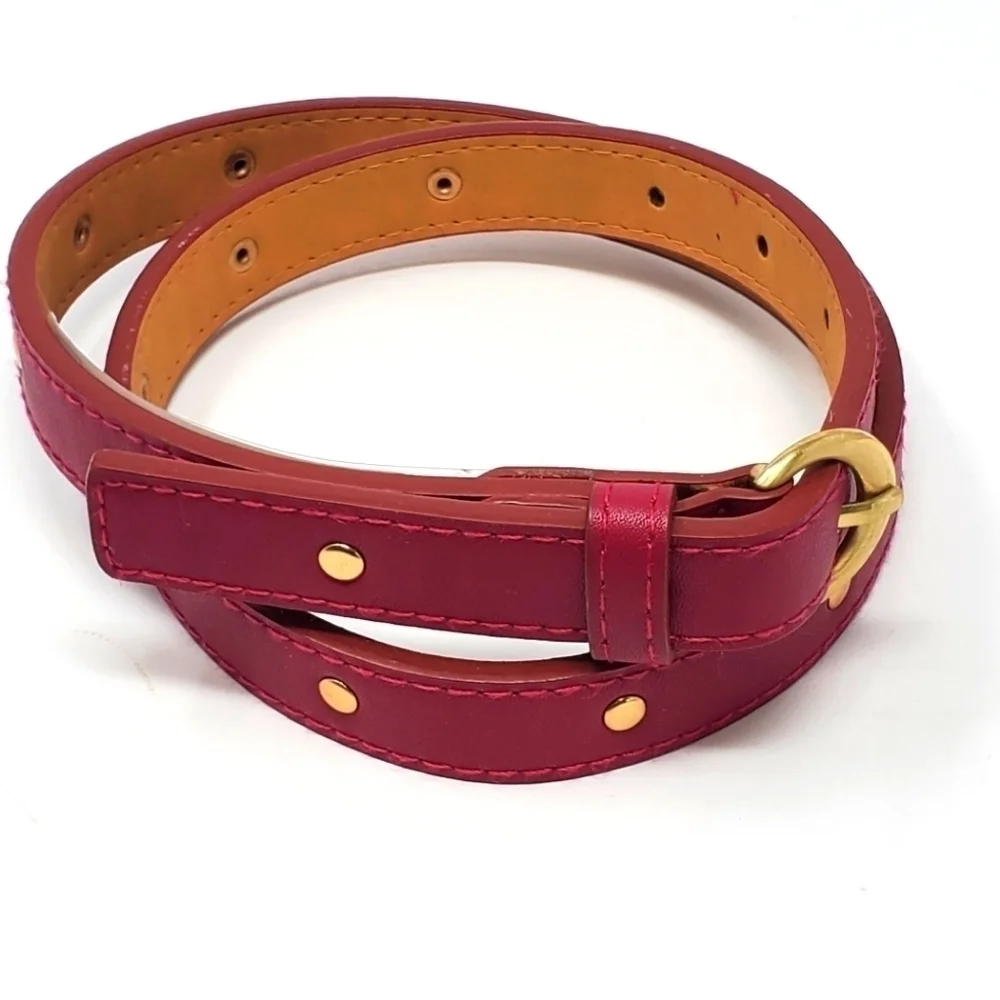 ANNE KLEIN RASPBERRY FAUX LEATHER STUDDED SKINNY BELT GOLD BUCKLE WOMEN XS